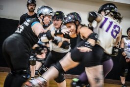 Members of the Grand Raggidy Roller Derby practicing blocking. This weekend, Oct. 18-20, the city will host the 11th annual Mitten Kitten Mash-Up.