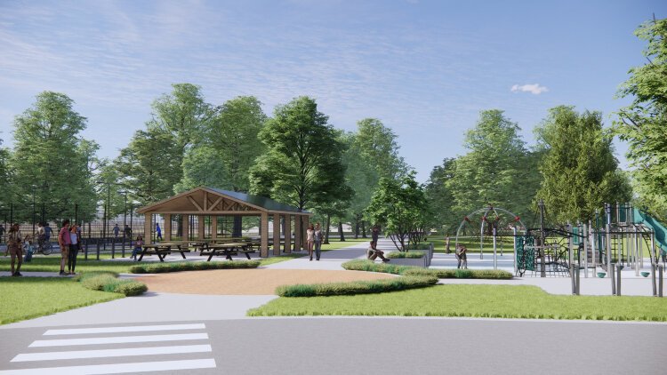 Pedestrian walkways will link Ada Covered Bridge Park with Legacy Park across the street. 