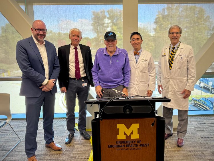 (From left) Dr. Matthew Biersack, Dr. Peter Jones, Gregory Allushuski, 81, the first histotripsy patient treated in West Michigan, Dr. Clifford Cho, and Dr. Ronald Grifka, president, UM Health-West.