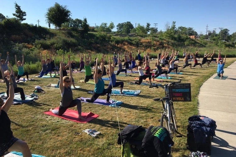 Yoga in the park in Dexter.