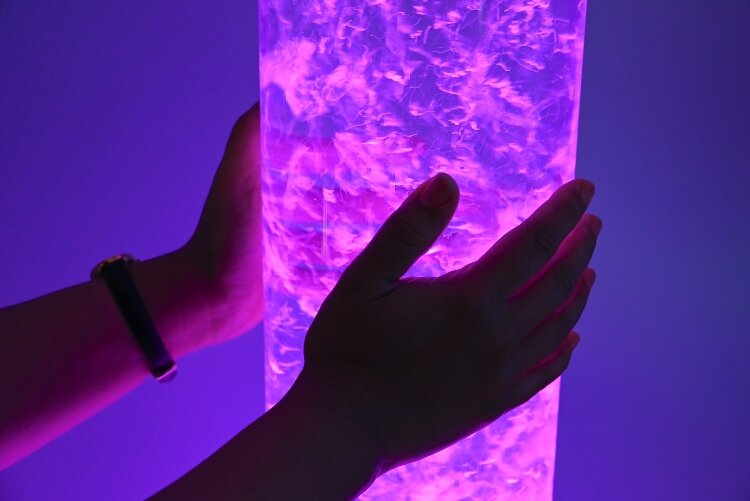 A calming bubble tube that changes colors is part of the sensory room at Calhoun County Public Health Department.